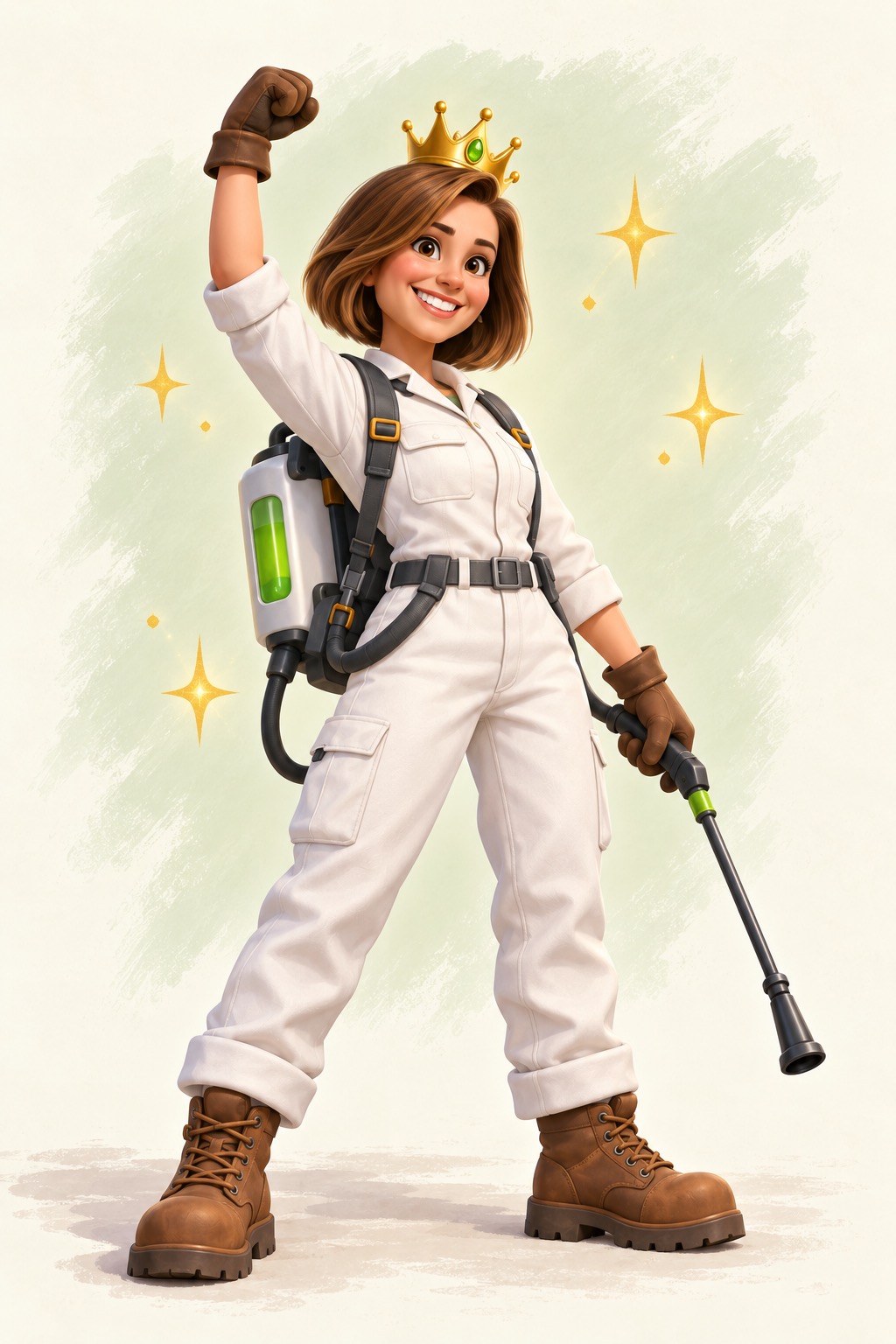 Marin celebrates her victory wearing the queen’s gold crown and her exterminator outfit