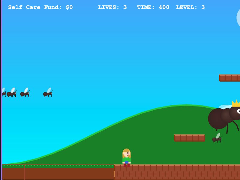 Antagonized gameplay: a character dodges flying and crawling ants among brick platforms and green hills