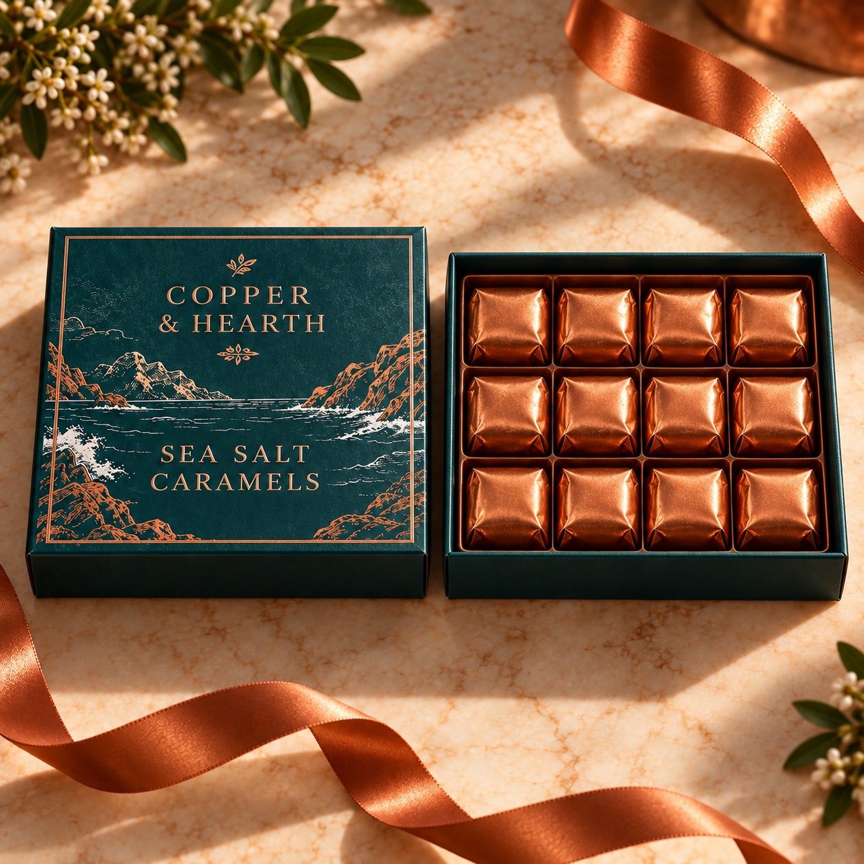 Copper and Hearth illustrated caramel gift box with copper-wrapped caramels