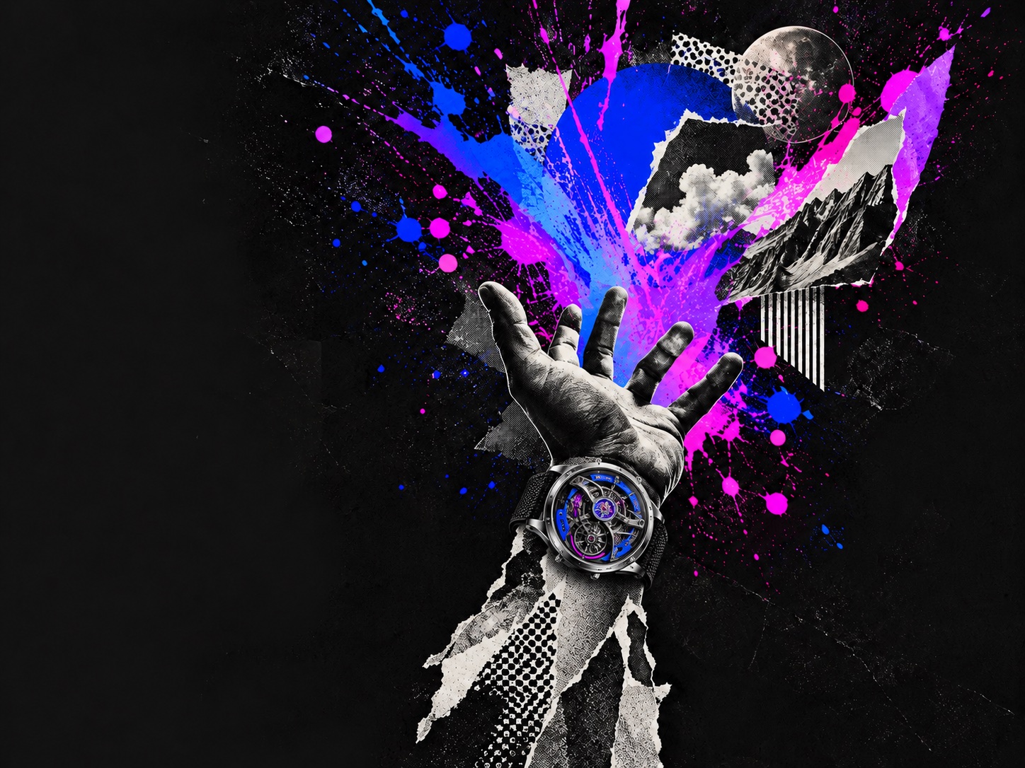 Street-art collage of a hand wearing an imaginative mechanical watch, surrounded by electric blue and violet paint