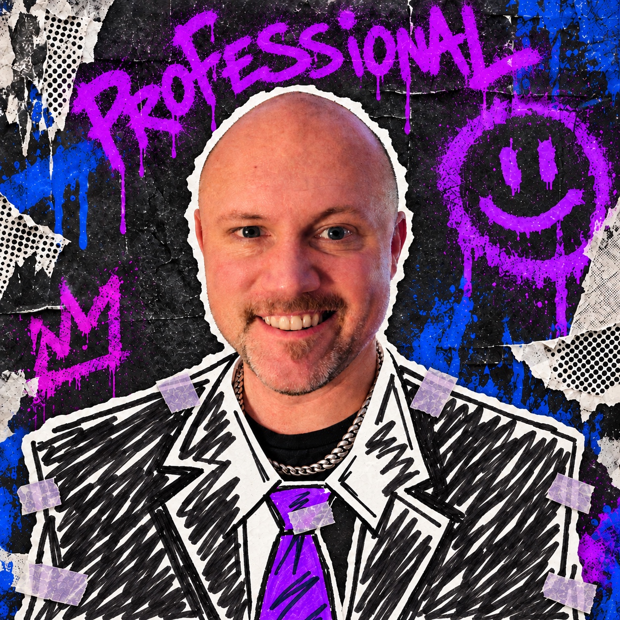 Street-art collage of Nick with a taped-on marker-drawn jacket, purple tie, and Professional graffiti above him